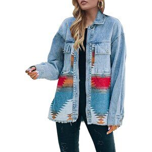 Women's Multicolour Denim Jacket Distressed Lapel Long Sleeve Vintage Button